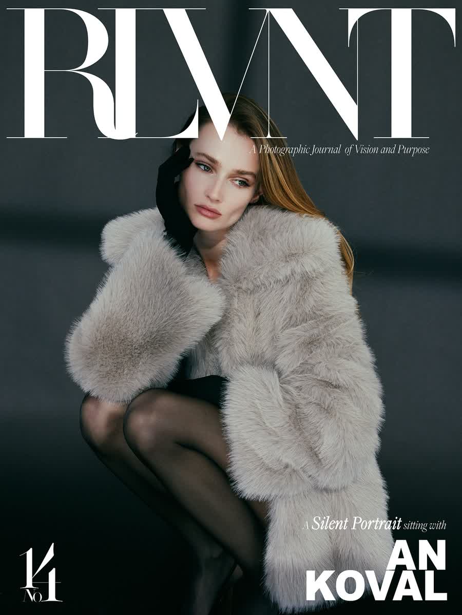 Magazine cover featuring Anastasiia Koval in a fur coat, photographed low.